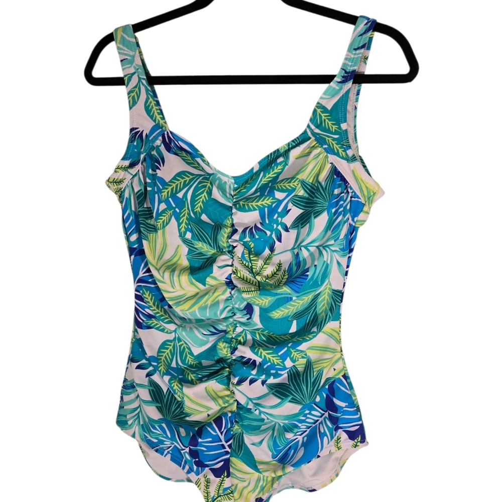 Tropical Leaf Ruched One-Piece Swimsuit - Blue/Green - Picture 5 of 8